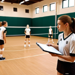 **A volleyball team practicing serve reception on an indoor court. Focus on players' footwork and body positioning. The coach observes with a clipboard. Warm, inviting lighting.**