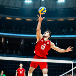 A male professional volleyball player in mid-air, executing a powerful jump serve during an intense match. He is fully focused, eyes locked on the ball, with an expression of intense determination. He wears fully clothed, modest athletic wear appropriate for sports. The background features a brightly lit indoor volleyball arena with blurred spectators in the stands, conveying a high-stakes atmosphere. The image should be captured with professional sports photography quality, emphasizing the dynamic action and adrenaline of the moment. safe for work, appropriate content, family-friendly, perfect anatomy, correct proportions, natural pose, well-formed hands, proper finger count, natural body proportions.