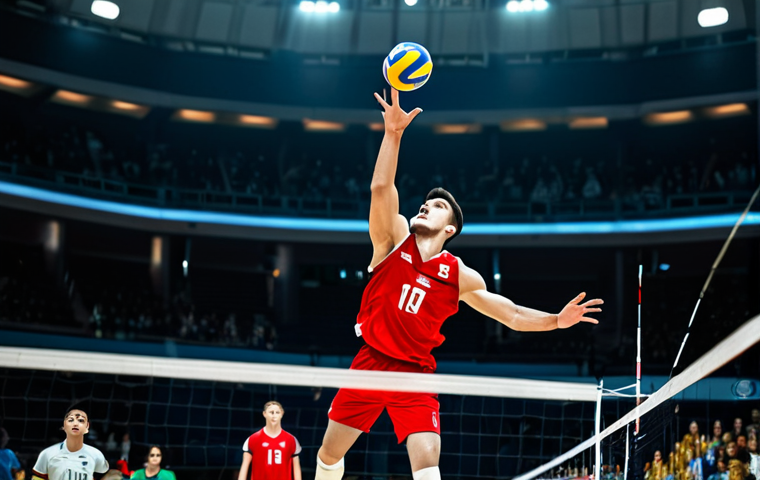 A male professional volleyball player in mid-air, executing a powerful jump serve during an intense match. He is fully focused, eyes locked on the ball, with an expression of intense determination. He wears fully clothed, modest athletic wear appropriate for sports. The background features a brightly lit indoor volleyball arena with blurred spectators in the stands, conveying a high-stakes atmosphere. The image should be captured with professional sports photography quality, emphasizing the dynamic action and adrenaline of the moment. safe for work, appropriate content, family-friendly, perfect anatomy, correct proportions, natural pose, well-formed hands, proper finger count, natural body proportions.